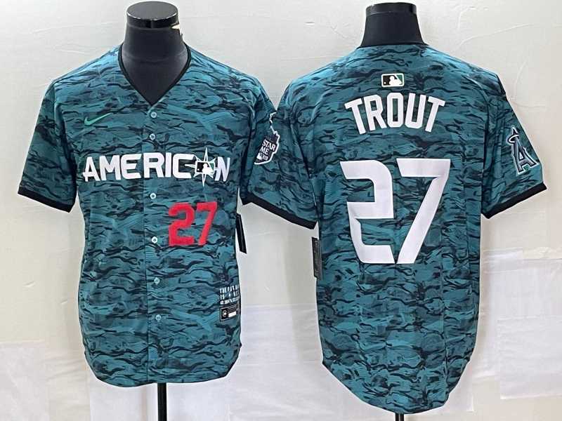 Mens Los Angeles Angels #27 Mike Trout Number Teal 2023 All Star Cool Base Stitched Jersey